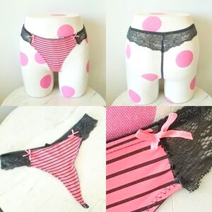 Always a Flirt Pink Nylon Lace Stripe Bows G-String V-String Thong Panty NWT